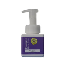 Violet foaming hand soap shown in a square white pump bottle with a purple label