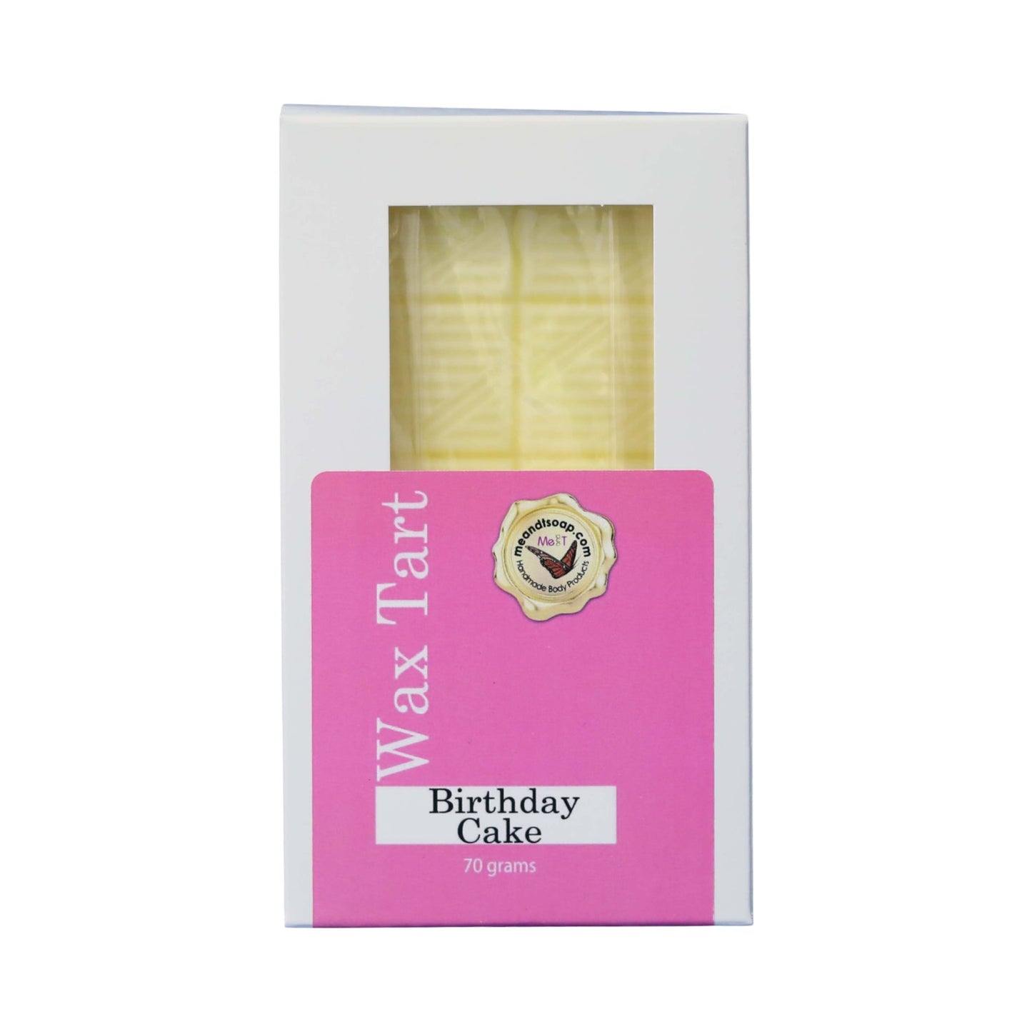 Birthday Cake Wax Tart shown in a white box with a pink label