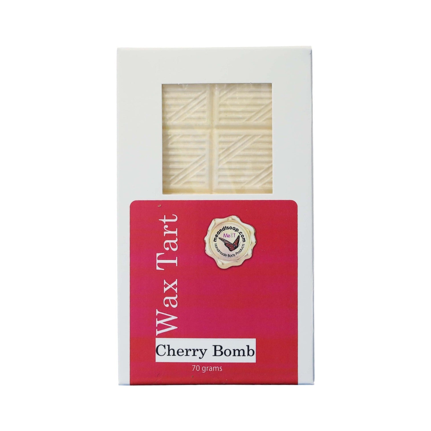 Cherry Bomb Wax Tart shown in a white box with a red labe;