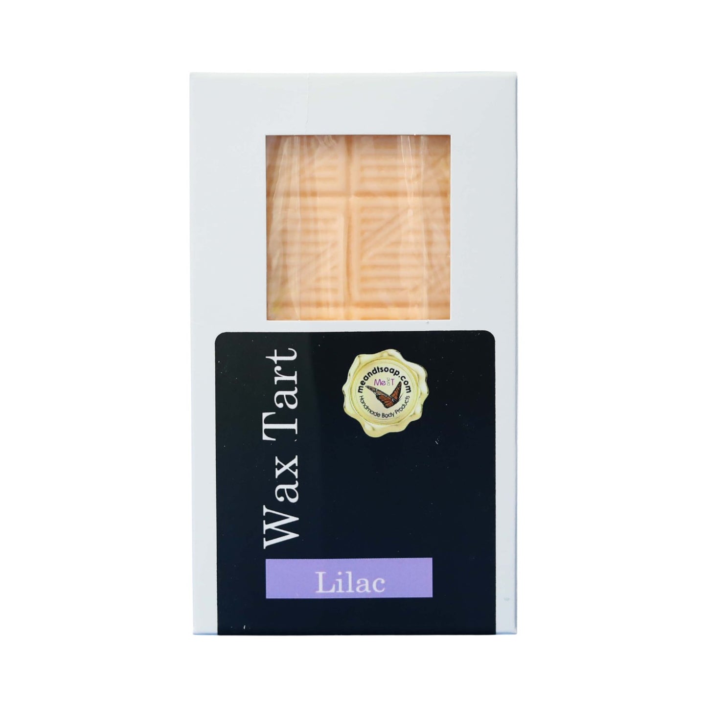 Lilac wax tart shown in a white box with a blaxk label and purple highlighted fragrance