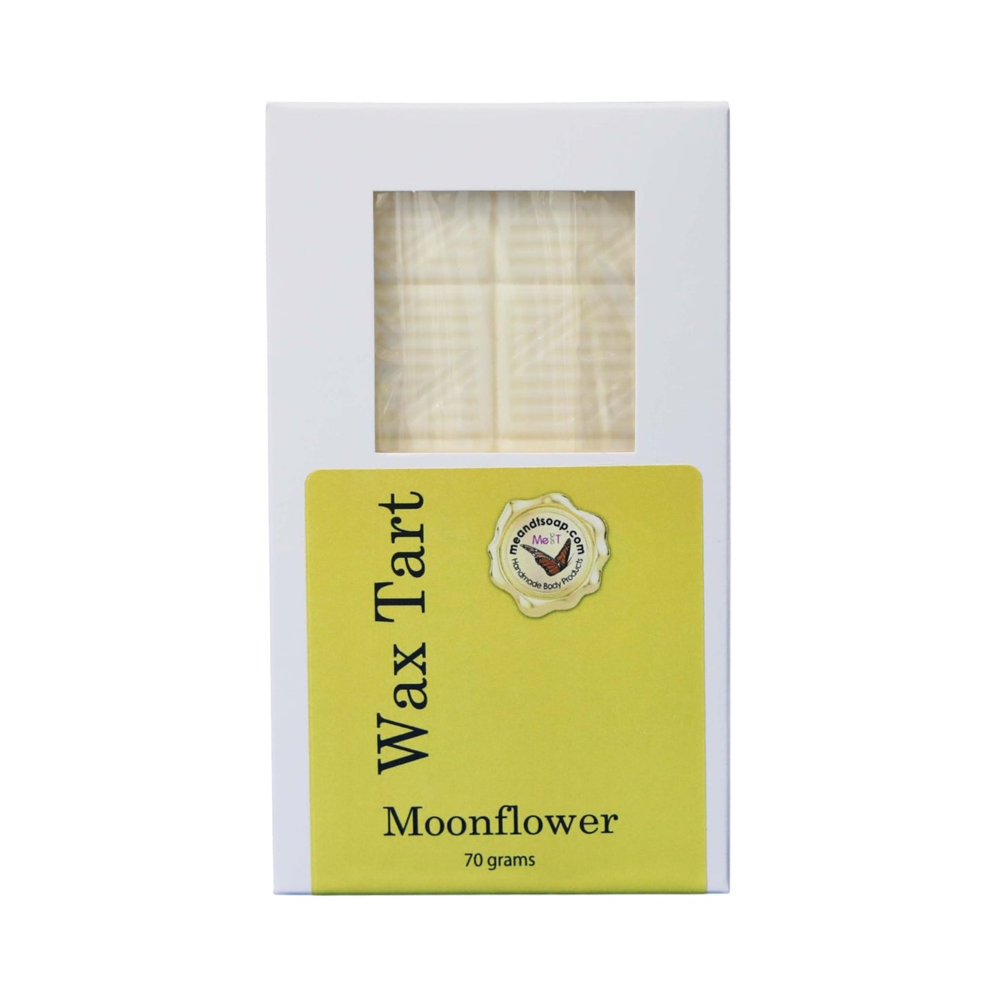 Moonflower Wax Tart shown in a white box with a yellow label