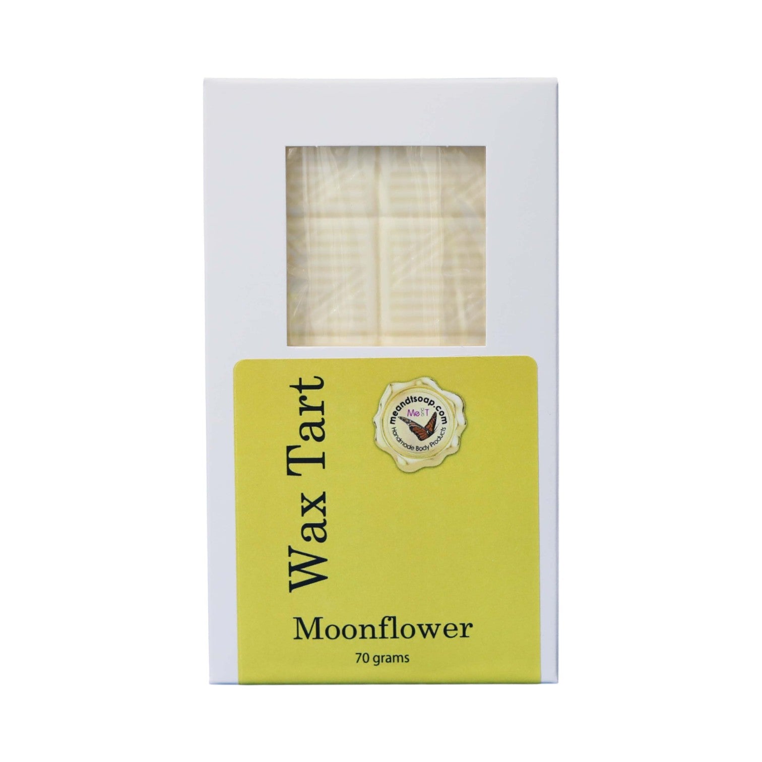 Moonflower Wax Tart shown in a white box with a yellow label