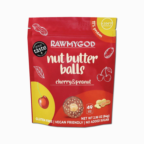 RAWMYGOD Nut Butter Balls Cherry & Peanut Balls, Pack of 4 resealable pouches - Vegan America
