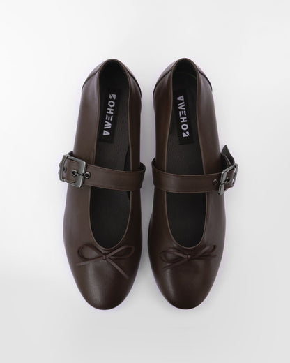 Mara Pumps chocolate ballet flats with a strap - Vegan America