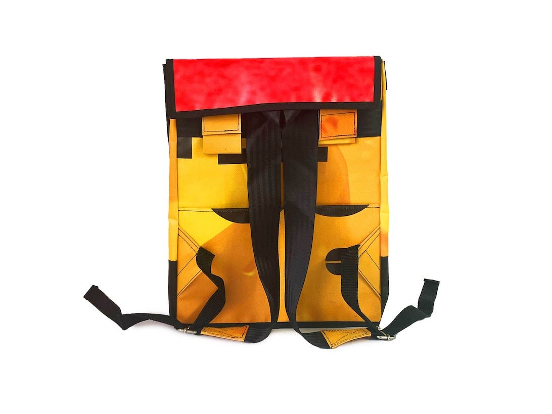 backpack publicity banner & chips package yellow blue - Vegan America