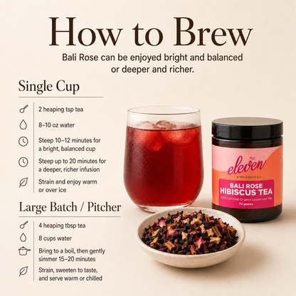 Bali Rose Hibiscus Tea brewing guide with single-cup and large-batch instructions, shown with the 70 gram jar, ruby-red tea, and loose-leaf botanical blend.
