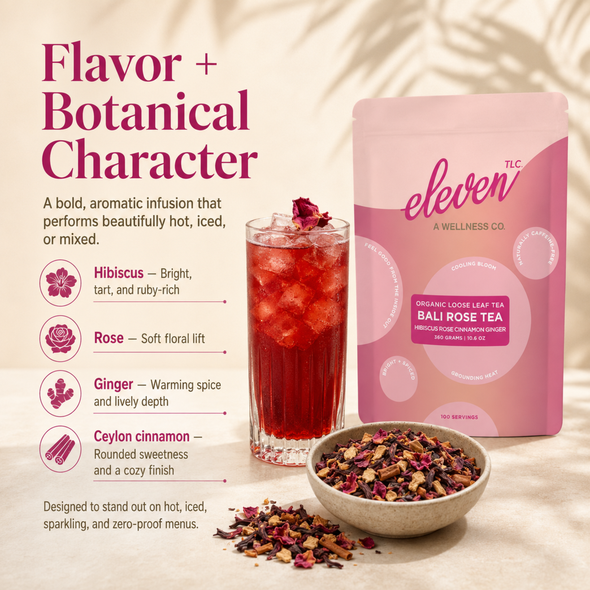 Bali Rose Tea flavor and botanical character slide highlighting bright hibiscus, floral rose, warming ginger, and Ceylon cinnamon with the 360 gram pouch and brewed tea.

