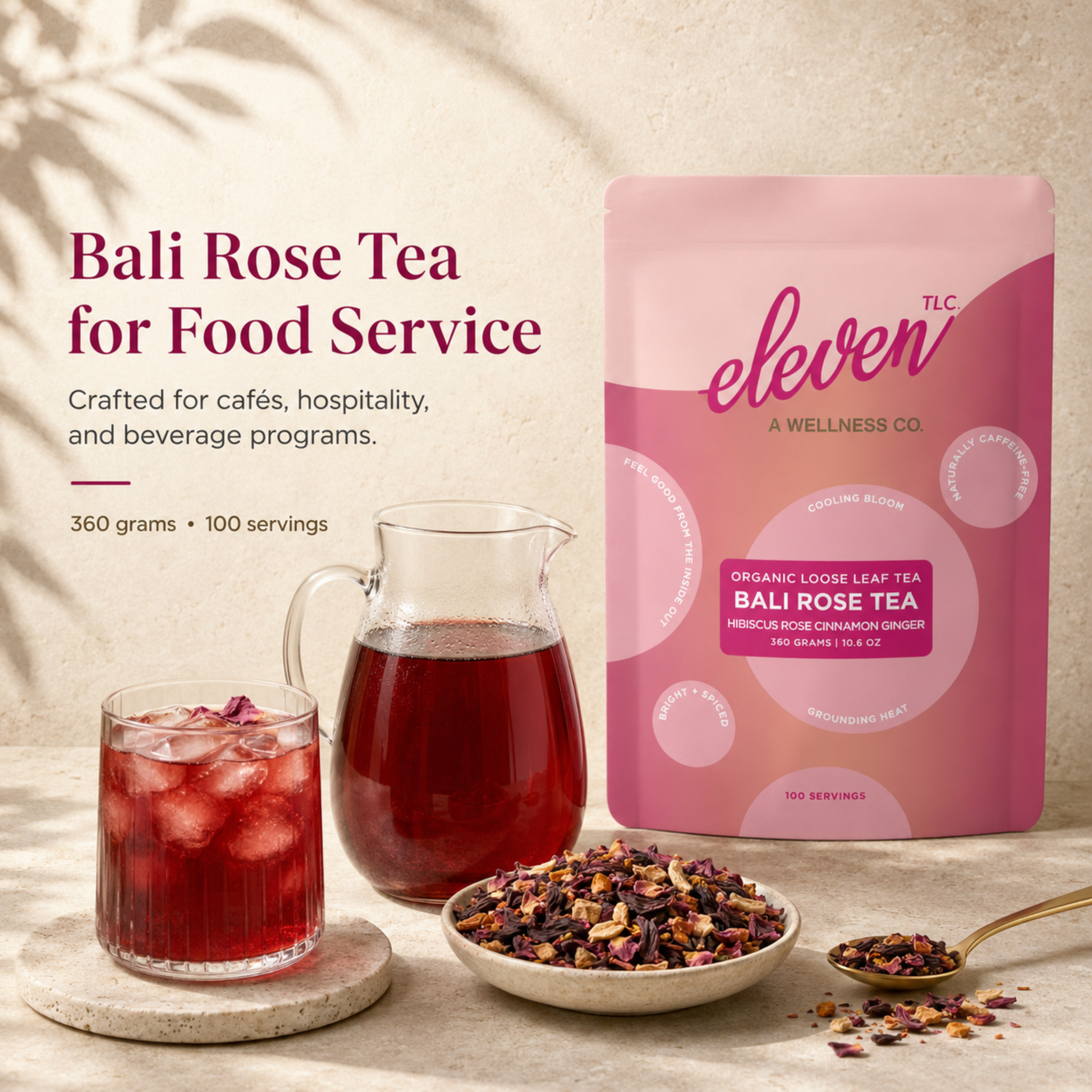 Bali Rose Tea food service hero image with 360 gram pouch, ruby-red brewed tea, and loose-leaf botanical blend styled for cafés, hospitality, and beverage programs.

