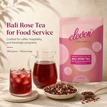 Bali Rose Tea food service hero image with 360 gram pouch, ruby-red brewed tea, and loose-leaf botanical blend styled for cafés, hospitality, and beverage programs.

