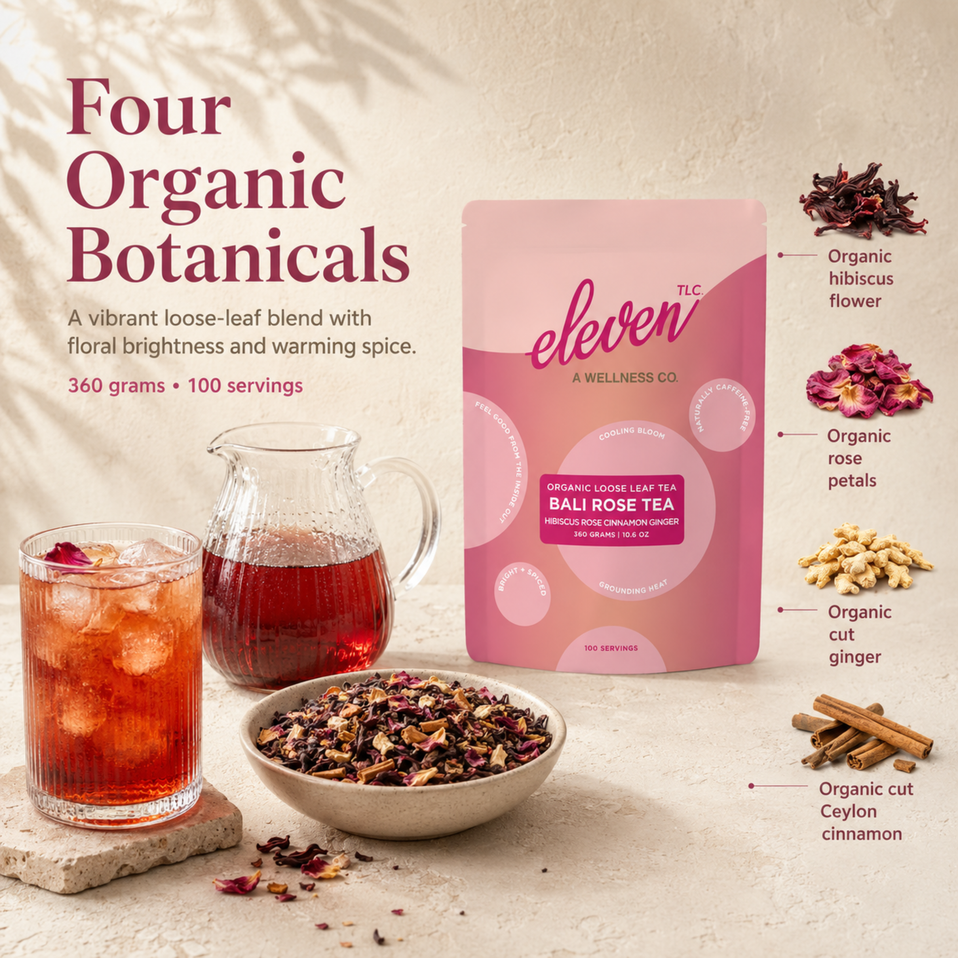 Bali Rose Tea food service ingredient slide showing the 360 gram pouch, loose-leaf tea, and the four organic botanicals: hibiscus flower, rose petals, cut ginger, and cut Ceylon cinnamon.

