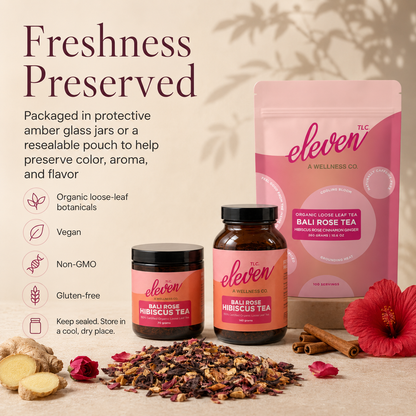 Bali Rose Hibiscus Tea in 70 gram and 140 gram amber glass jars with 360 gram pouch, styled with loose leaf tea, ginger, rose, hibiscus, and cinnamon, highlighting freshness-preserving packaging.
