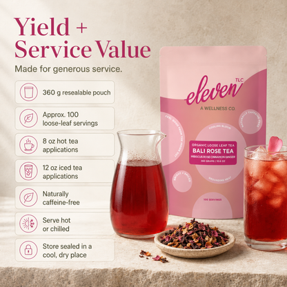 Bali Rose Tea food service value slide featuring the 360 gram pouch with details on servings, naturally caffeine-free use, and generous hot or chilled service
