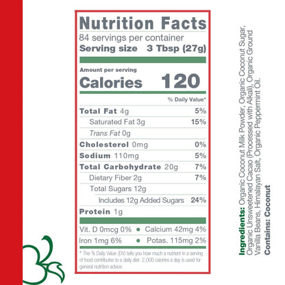 Nutrition facts for Bare Life peppermint hot cocoa five-pound bulk bag, with 84 servings and 120 calories per 27 g serving