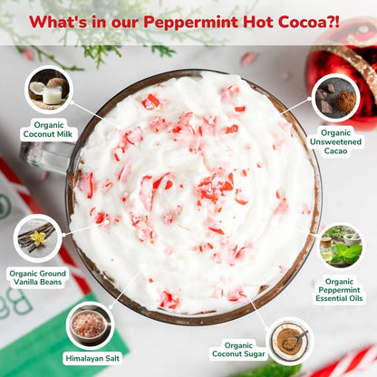 Bare Life peppermint hot cocoa ingredient graphic showing coconut milk, cacao, vanilla, peppermint essential oils, coconut sugar, and Himalayan salt