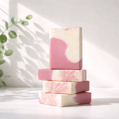 black raspberry vanilla bar soap stack on a white counter
