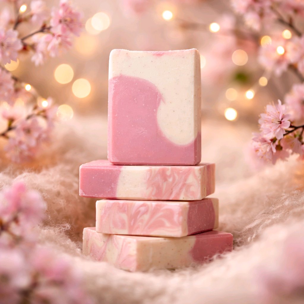 black raspberry vanilla bar soap with a pink background