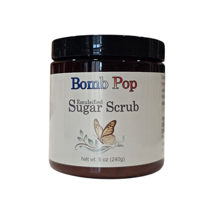 bomb pop emulsified sugar scrub shown in an amber jar
