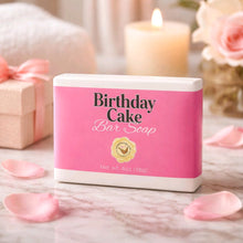 Birthday Cake bar soap box on a pink marbled countertop with pink petals
