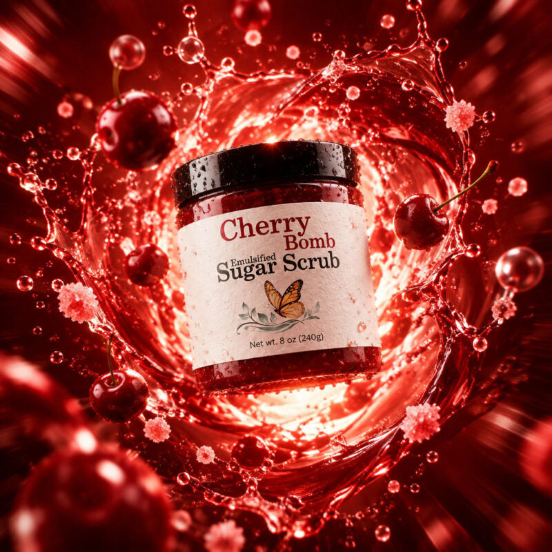 cherry bomb emulsified sugar scrub on red swirl