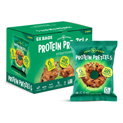 Crisp Power Protein Pretzels, Everything , High Protein Snack, 28G Protein, High Fiber Crunchy Pretzel Snacks, No Added Sugar, 1.75 oz Bags, 6 Pack, Vegan, Plant-Based, Keto