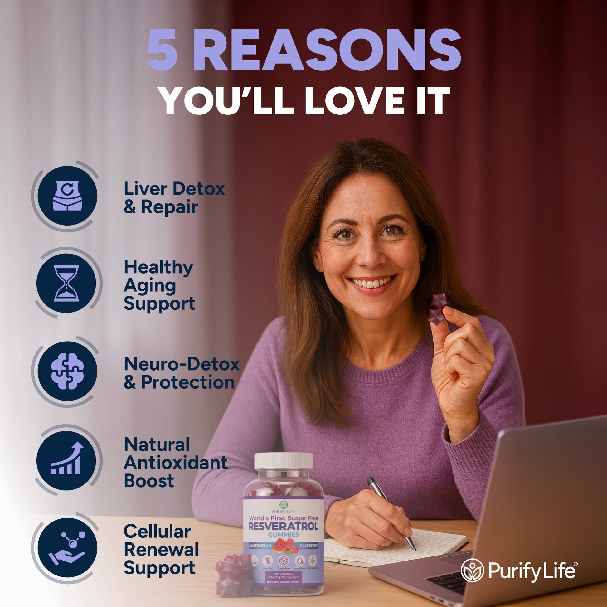 Sugar Free Resveratrol Gummies 1,500mg/Serving - Anti - Aging Chews - Vegan America