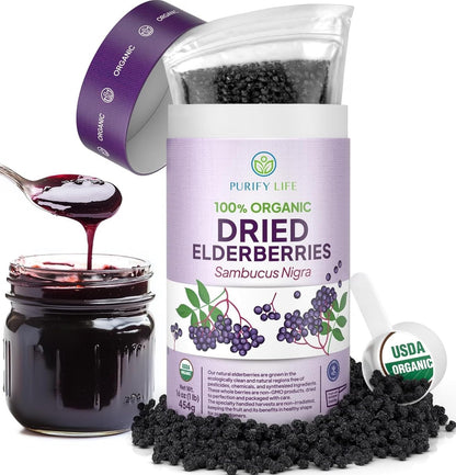 USDA Organic Dried Elderberries with Food-Grade BPA-Free Scoop (Safest Packaging -1lb)