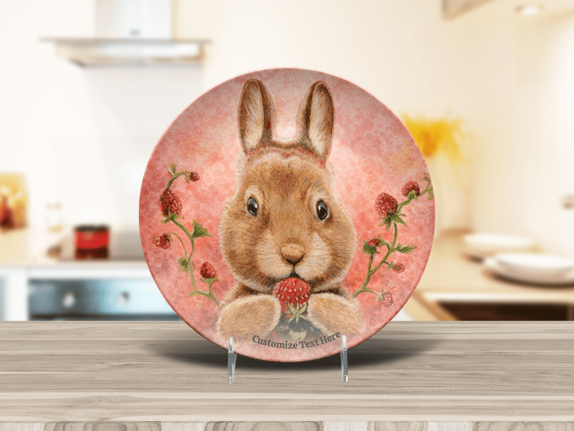 Personalized Kids Plate & Bowl with Bunny & Strawberry – Whimsical Tableware for Children - Vegan America