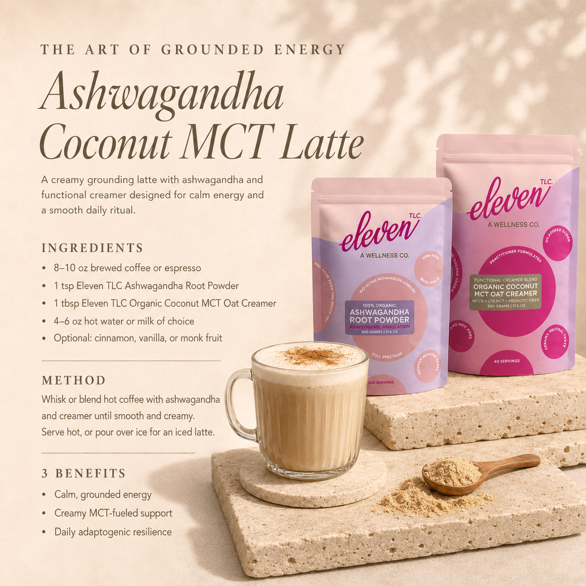 Ashwagandha Coconut MCT latte recipe made with Eleven TLC Ashwagandha and Coconut MCT Oat Creamer