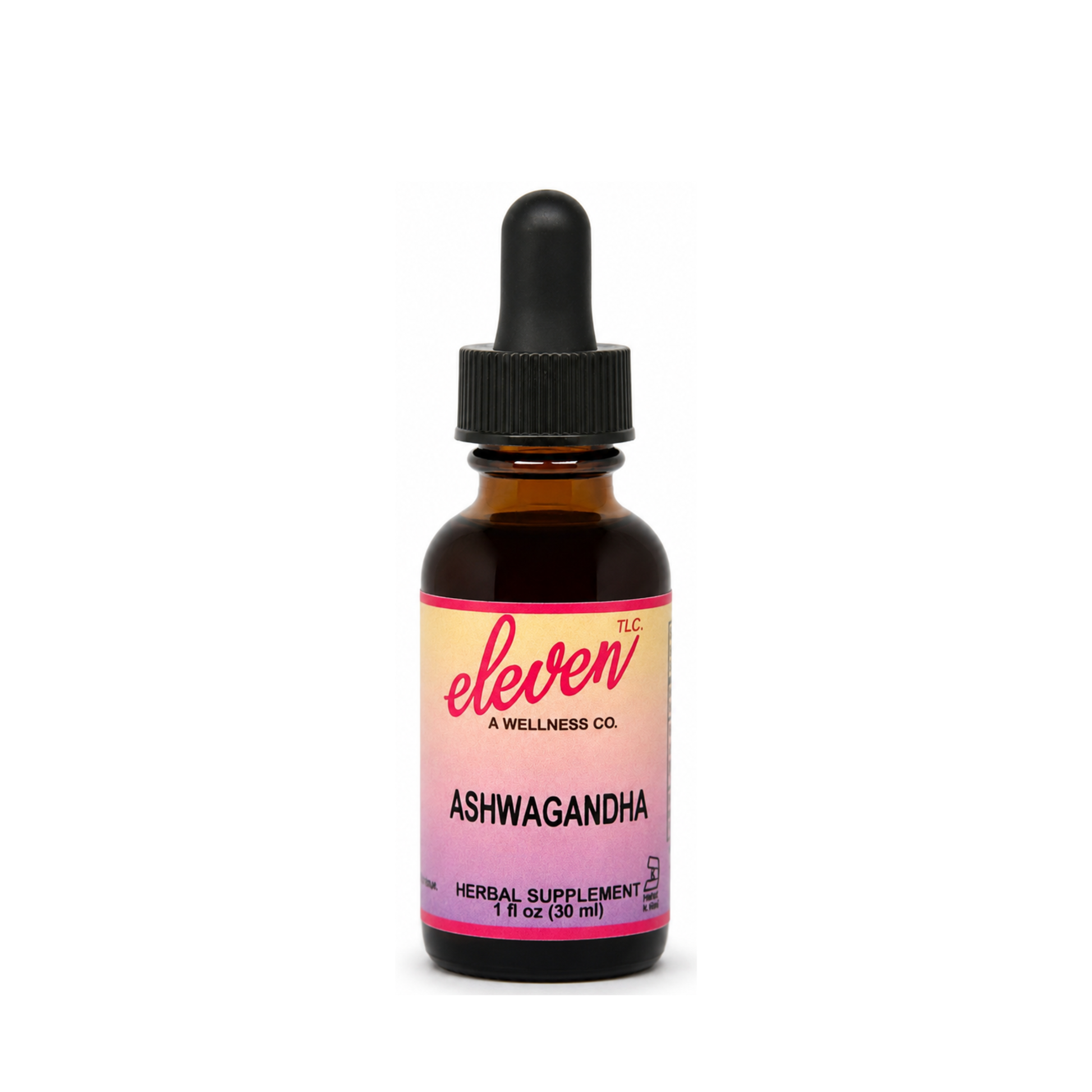 1oz amber glass bottle of ashwagandha root liquid extract with black dropper top on white background for stress support.