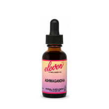 1oz amber glass bottle of ashwagandha root liquid extract with black dropper top on white background for stress support.