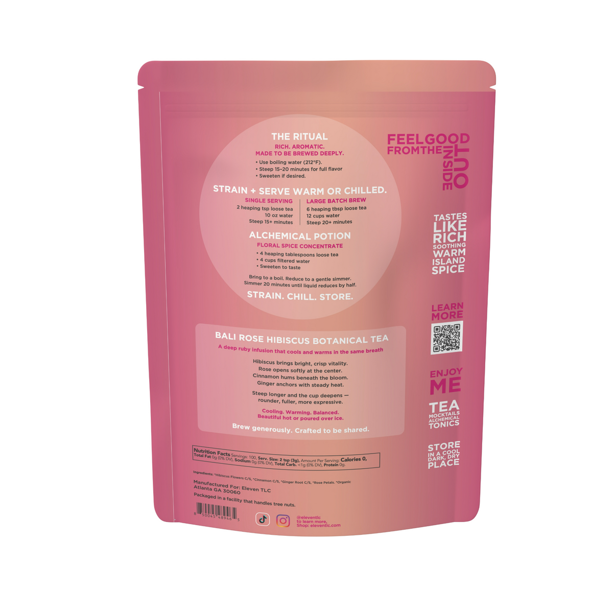 Eleven TLC Bali Rose Loose Leaf Tea pouch, back panel with brewing and ingredient details.
