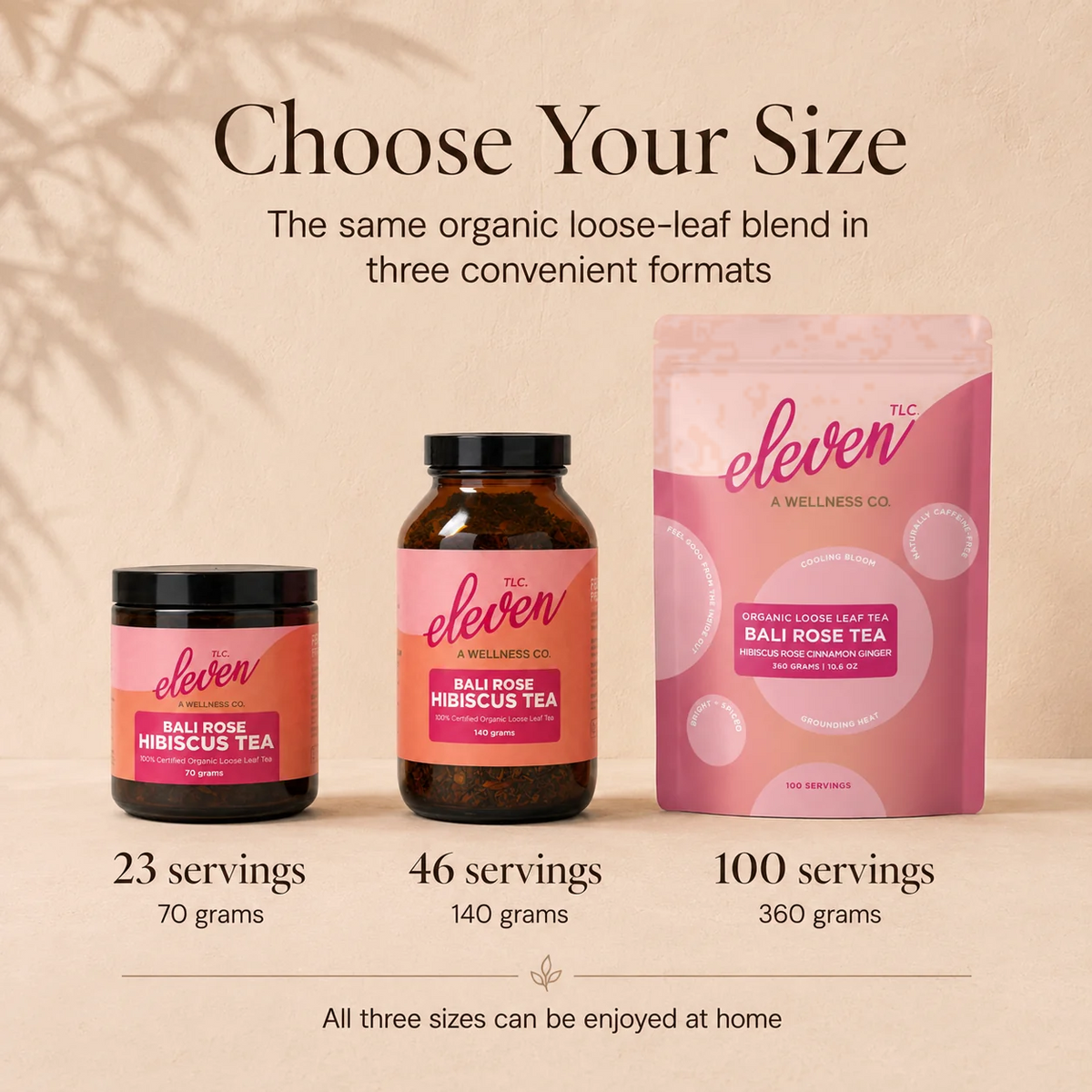 Bali Rose Hibiscus Tea shown in three sizes: 70 gram amber glass jar, 140 gram amber glass jar, and 360 gram stand-up pouch with serving counts for each format.