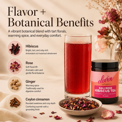 Bali Rose Hibiscus Tea with a tall ruby-red tea, 70 gram amber jar, loose-leaf blend, and botanical notes for hibiscus, rose, ginger, and Ceylon cinnamon.