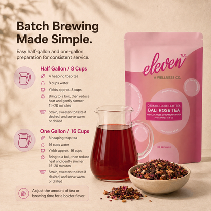 Bali Rose Tea food service brewing guide with half-gallon and one-gallon batch instructions, featuring the 360 gram pouch and clear preparation steps for hot and iced service.