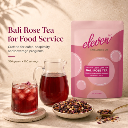 Bali Rose Tea food service hero image with 360 gram pouch, ruby-red brewed tea, and loose-leaf botanical blend styled for cafés, hospitality, and beverage programs.