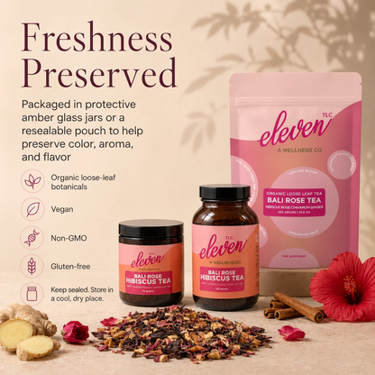 Bali Rose Hibiscus Tea in 70 gram and 140 gram amber glass jars with 360 gram pouch, styled with loose leaf tea, ginger, rose, hibiscus, and cinnamon, highlighting freshness-preserving packaging.