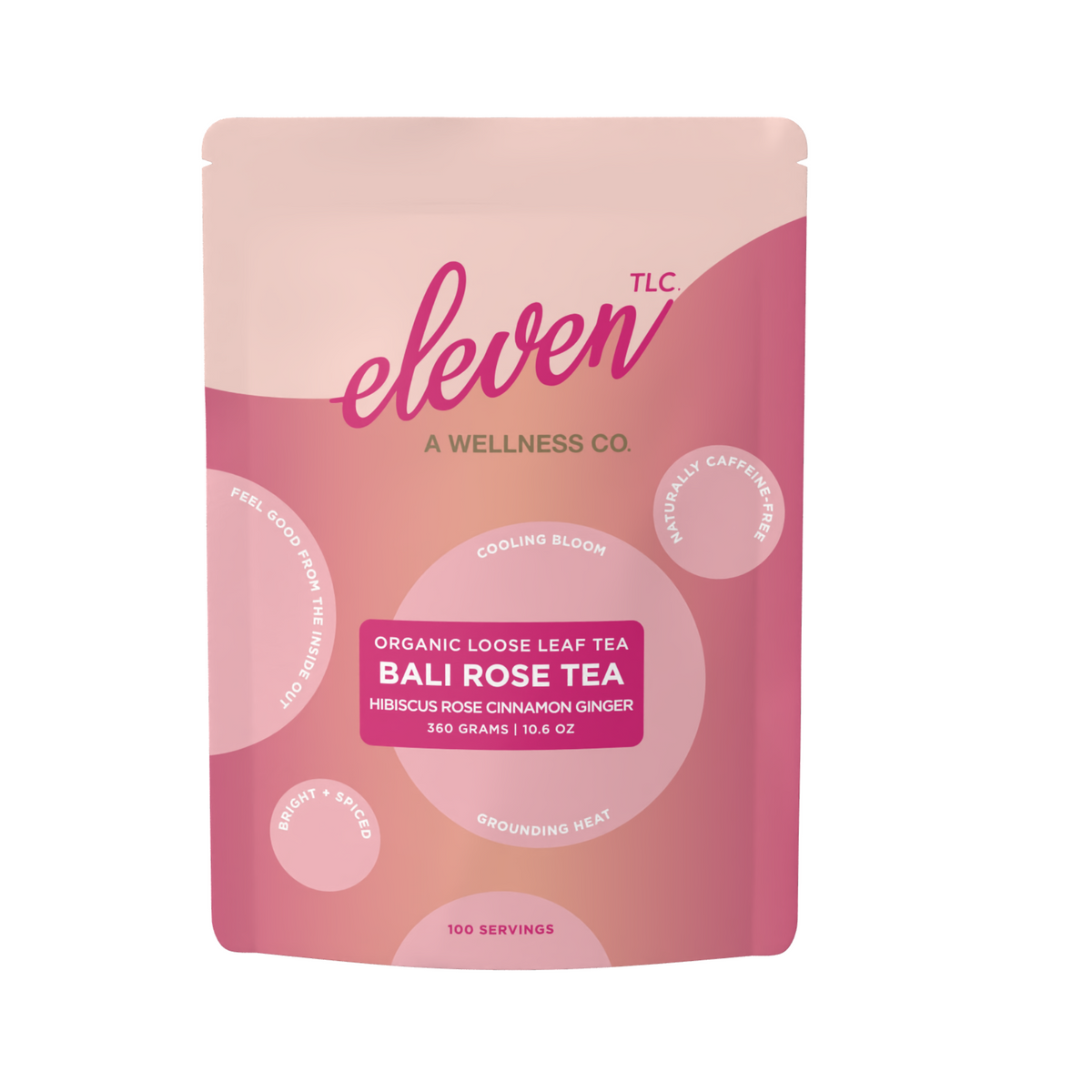 Eleven TLC Bali Rose Tea pouch, featuring organic hibiscus, rose, ginger, and cinnamon. Pink packaging with clear white text labeling it as an organic loose-leaf herbal tea blend.