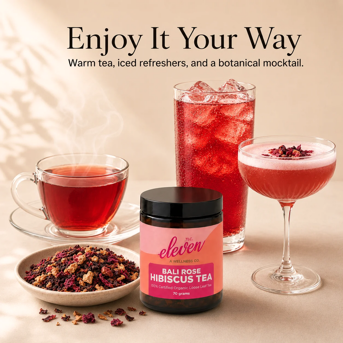 Bali Rose Hibiscus Tea served as warm tea, a ruby-red iced refresher, and a botanical mocktail alongside the 70 gram jar and loose-leaf blend.