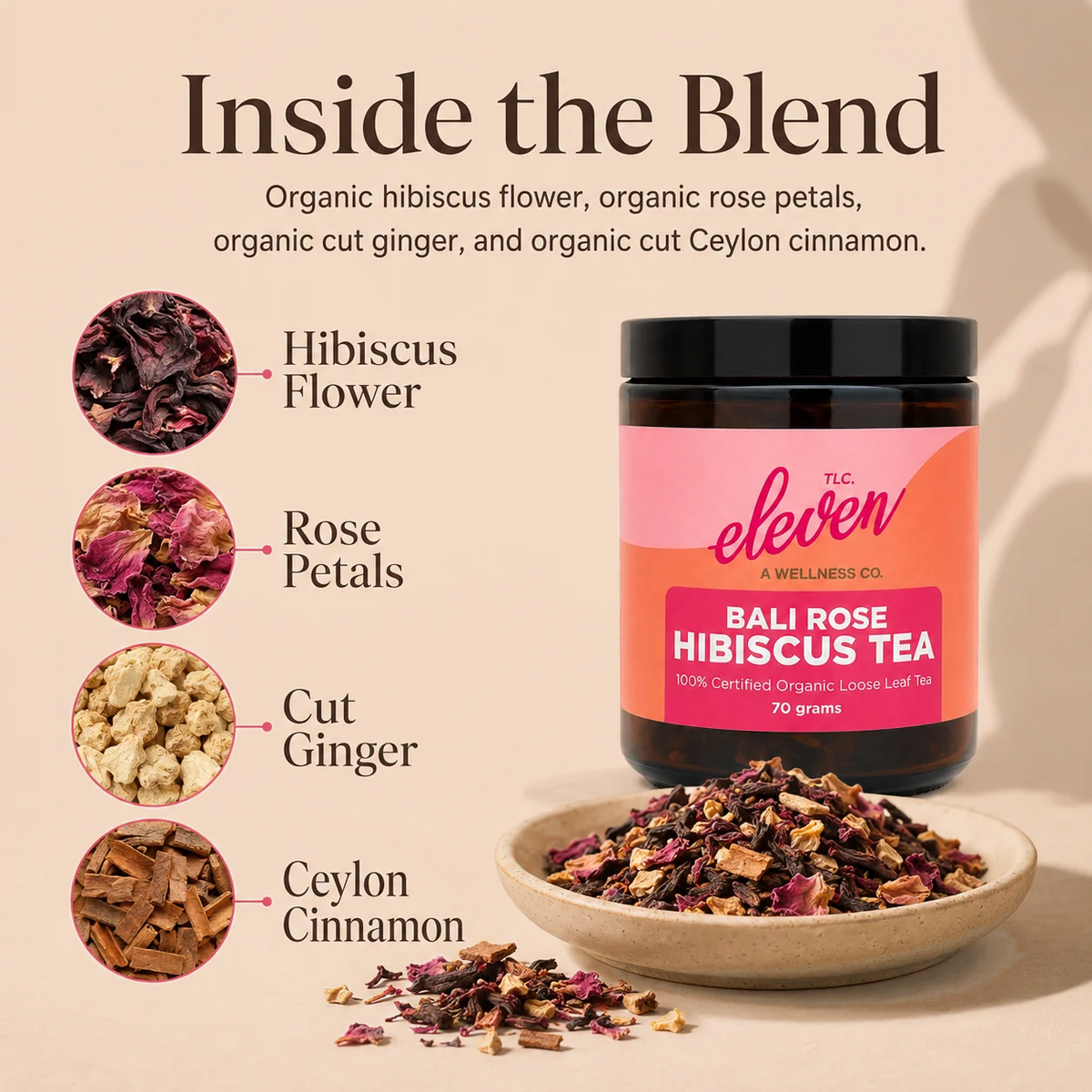 Bali Rose Hibiscus Tea 70 gram jar with a bowl of loose-leaf tea and close-up callouts showing organic hibiscus flower, rose petals, cut ginger, and cut Ceylon cinnamon.