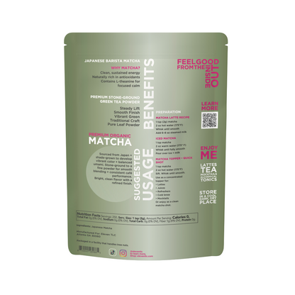 Eleven TLC Organic Japanese Barista Matcha Powder 500g back panel featuring usage instructions, nutritional information, serving suggestions, and product benefits.