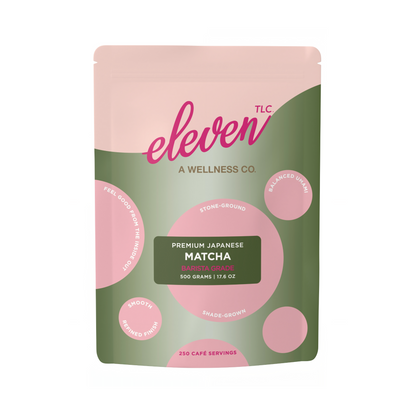 Eleven TLC Organic Japanese Barista Matcha Powder 500g resealable bag front panel featuring brand logo and product specs