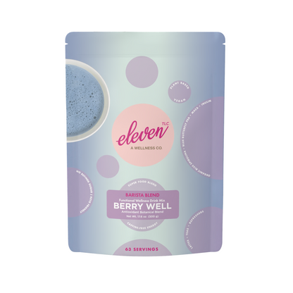 Berry Well blue botanical powder in 500g pouch. Adaptogenic latte mix with spirulina and maca.