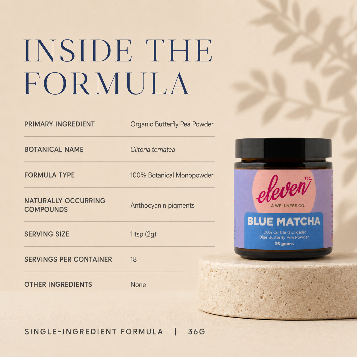 A spoon of Blue Matcha butterfly pea powder above water beside an open Eleven TLC jar, showing daily use for water, smoothies, lemonades, and lattes.