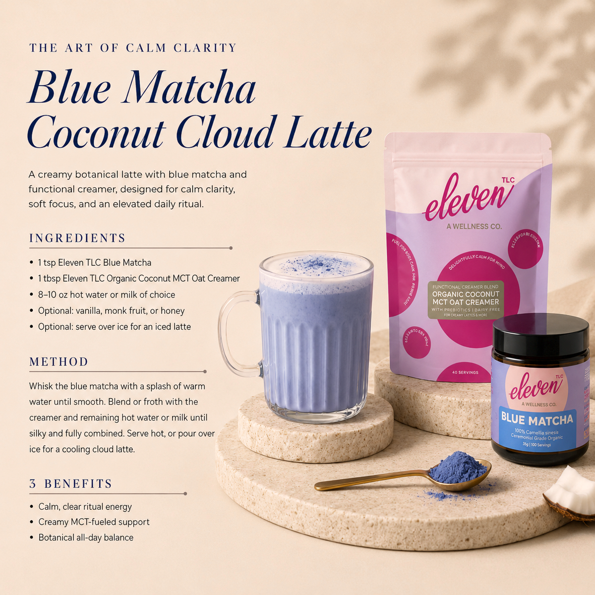 Instructional recipe graphic titled "The Art of Calm Clarity: Blue Matcha Coconut Cloud Latte." The layout features an Eleven TLC 500g Organic Coconut MCT Oat Creamer pouch and an amber jar of Blue Matcha, alongside a glass of blue-tinted prepared latte. It details ingredient ratios, a step-by-step preparation method for a daily signal, and three functional benefits: "Calm, clear ritual energy," "Creamy MCT-fueled support," and "Botanical all-day balance."