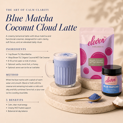Instructional recipe graphic titled "The Art of Calm Clarity: Blue Matcha Coconut Cloud Latte." The layout features an Eleven TLC 500g Organic Coconut MCT Oat Creamer pouch and an amber jar of Blue Matcha, alongside a glass of blue-tinted prepared latte. It details ingredient ratios, a step-by-step preparation method for a daily signal, and three functional benefits: "Calm, clear ritual energy," "Creamy MCT-fueled support," and "Botanical all-day balance."