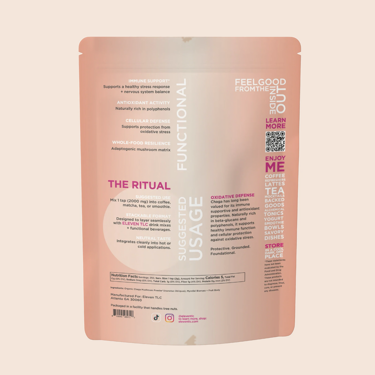 Back panel of the Eleven TLC Organic Chaga Mushroom Powder 500g pouch with usage instructions, nutrition information and ingredients.