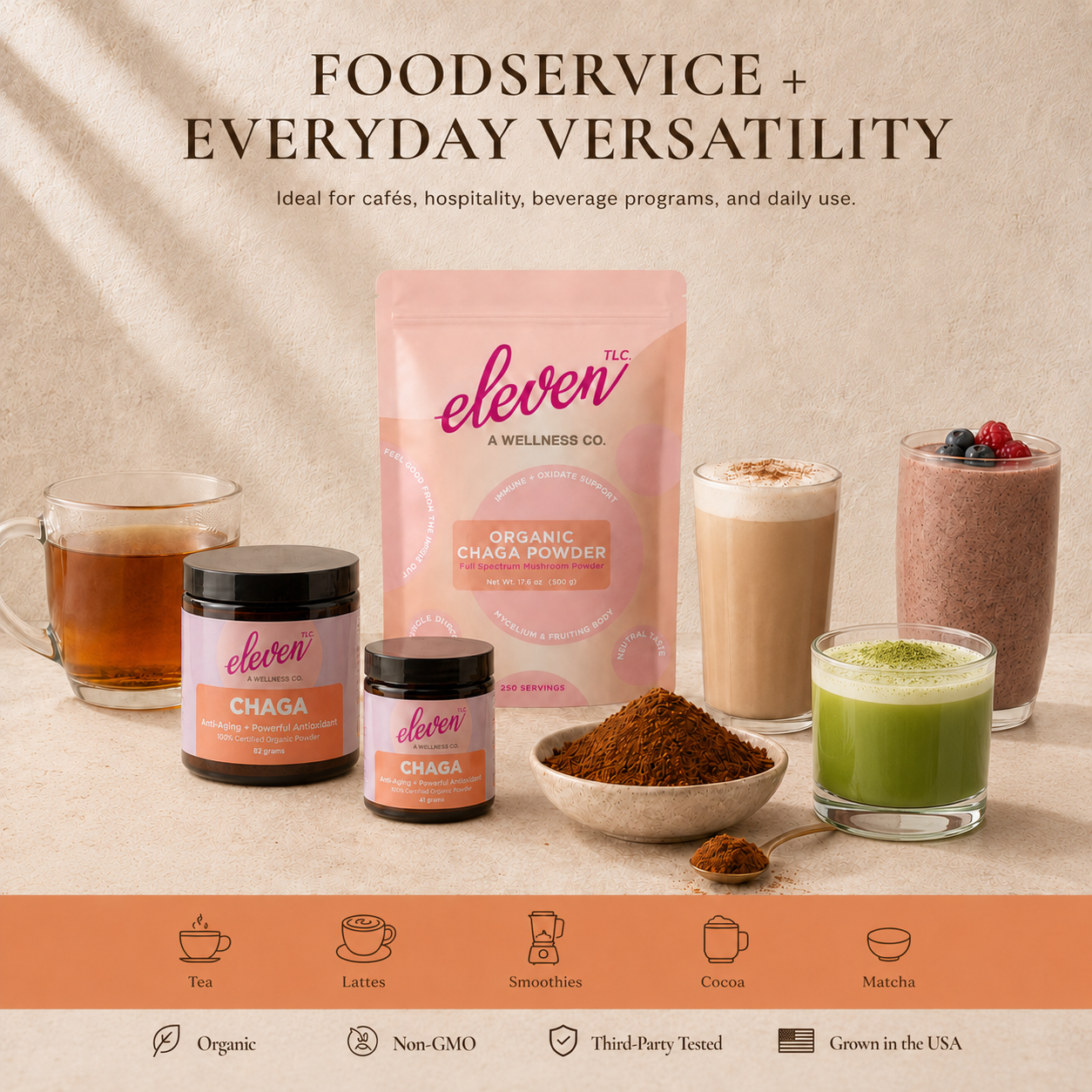Eleven TLC Chaga mushroom powder shown with tea, lattes, smoothies, cocoa, matcha, jars, 500g pouch, and chaga powder.
