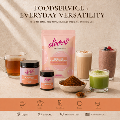 Eleven TLC Chaga mushroom powder shown with tea, lattes, smoothies, cocoa, matcha, jars, 500g pouch, and chaga powder.

