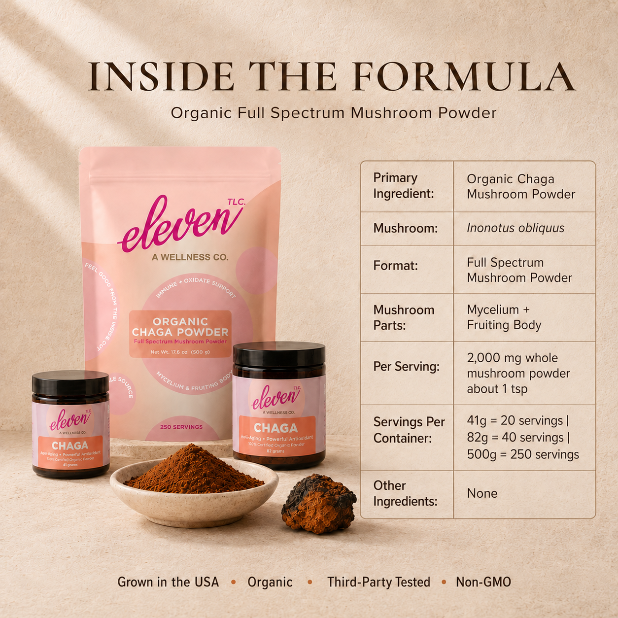 Eleven TLC Chaga mushroom powder formula guide with 41g, 82g, and 500g sizes, serving facts, and ingredient details.