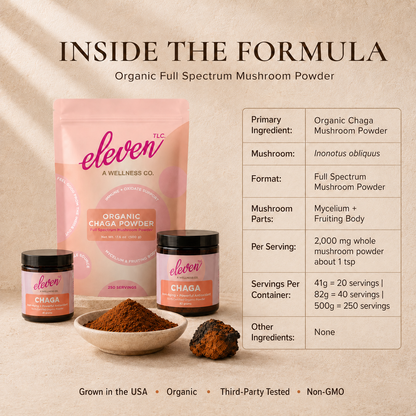 Eleven TLC Chaga mushroom powder formula guide with 41g, 82g, and 500g sizes, serving facts, and ingredient details.